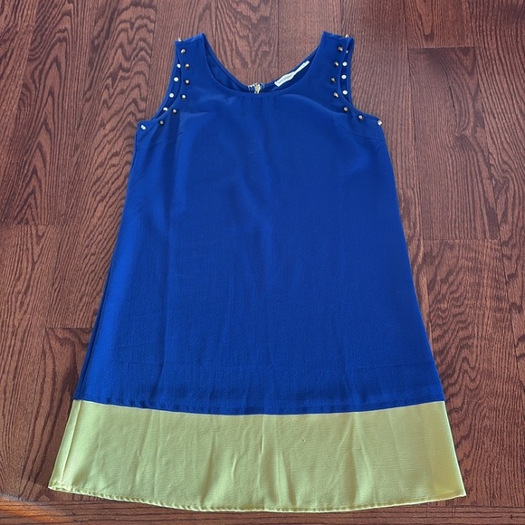 Blu Pepper women’s Blue and lime Yellow Sleeveless Dress studded shoulders Med - Picture 13 of 15